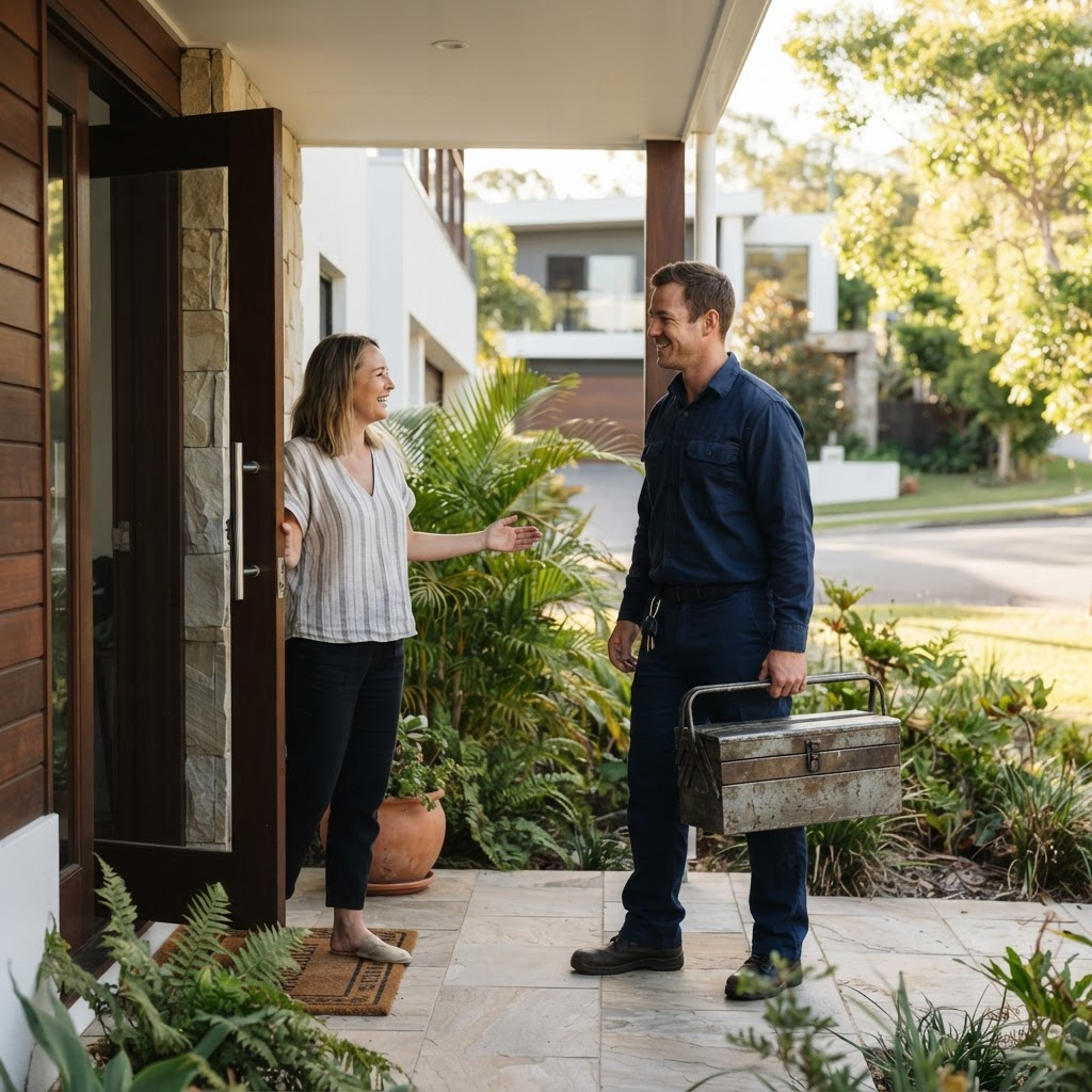 Appliance repair technician being welcomed at the door of a Brisbane home