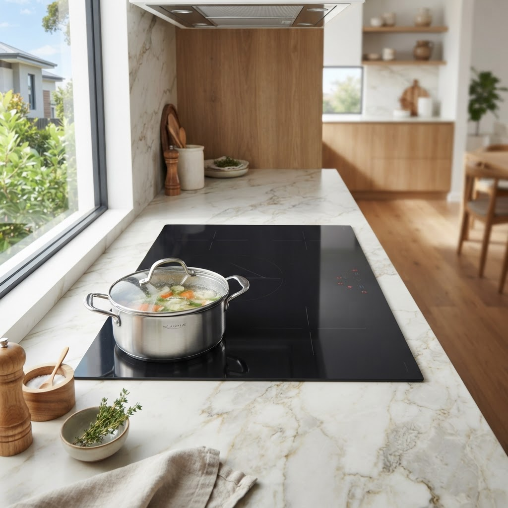 Sleek modern black induction cooktop set into a stone benchtop