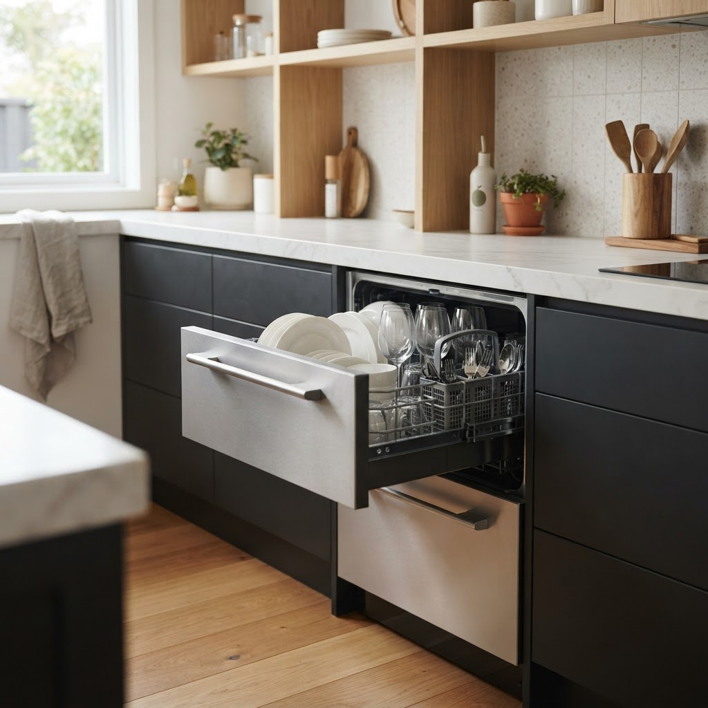 Stainless steel drawer-style dishwasher with the top drawer open