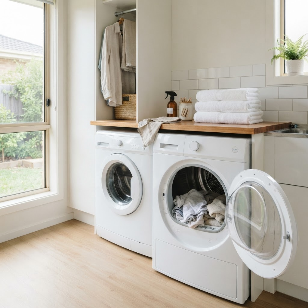 Modern white tumble clothes dryer with door open in a laundry