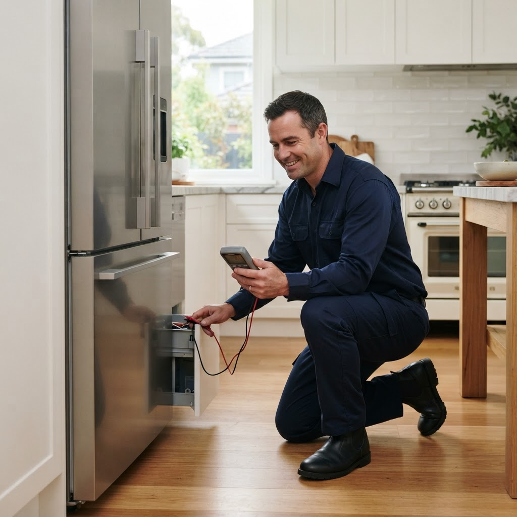 Appliance repair technician inspecting a Fisher & Paykel style refrigerator in a Brisbane kitchen