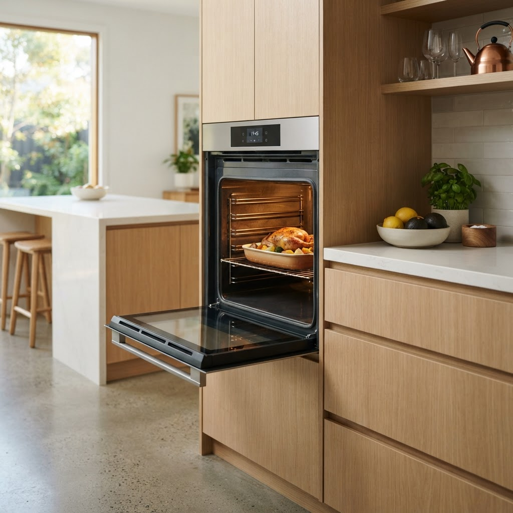 Modern built-in stainless steel electric wall oven with the door ajar